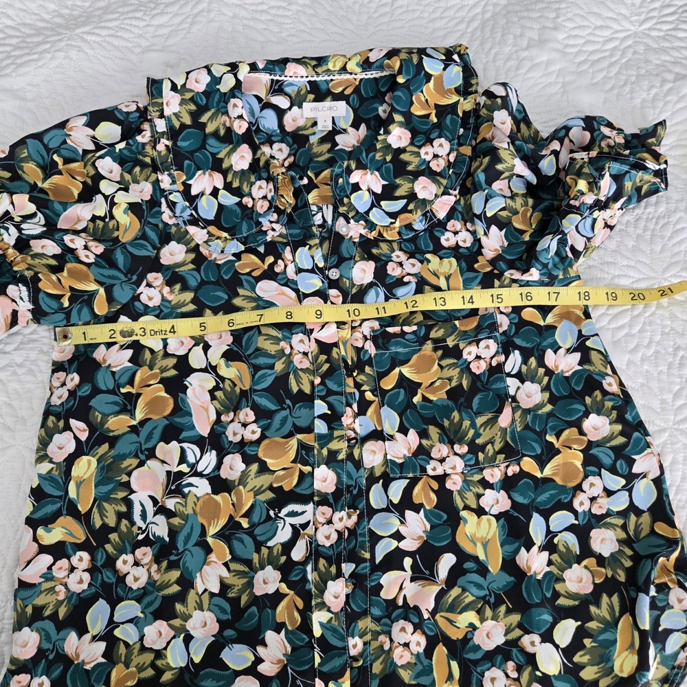 Pilcro Anthropologie Floral Peter Pan Collar Ruffle Blouse Green Mustard Small - Picture 6 of 9